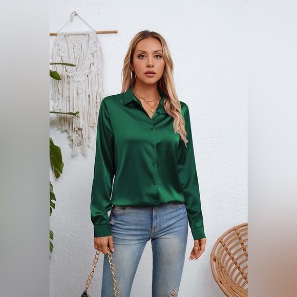 Satin Silk Button Down Shirts Long Sleeve Blouse Casual Work Office Top XL - Picture 3 of 4